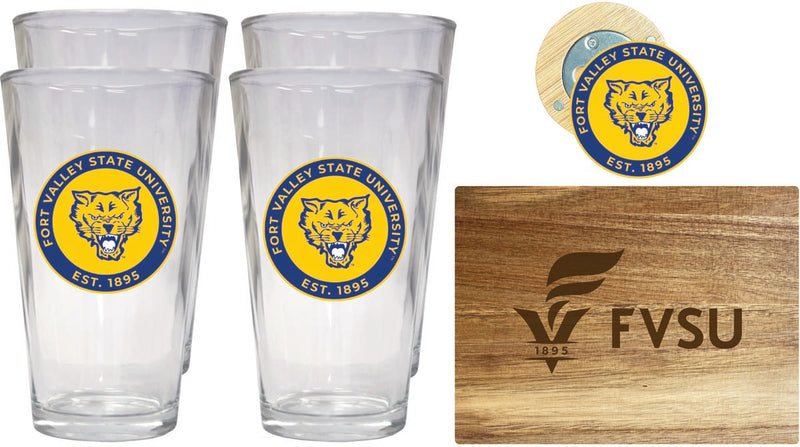 Fort Valley State University Officially Licensed Kitchen Gift Pack - Engraved Wood Cutting Board, 4 Pint Glasses & Magnetic Bottle Opener