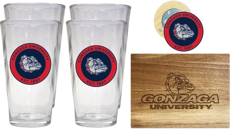 Gonzaga Bulldogs Officially Licensed Kitchen Gift Pack - Engraved Wood Cutting Board, 4 Pint Glasses & Magnetic Bottle Opener