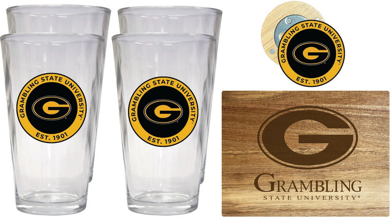 Grambling State Tigers Officially Licensed Kitchen Gift Pack - Engraved Wood Cutting Board, 4 Pint Glasses & Magnetic Bottle Opener