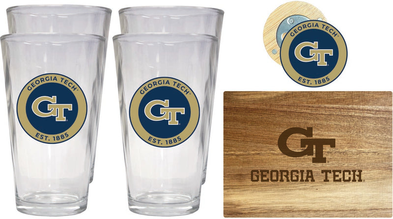 Georgia Tech Yellow Jackets Officially Licensed Kitchen Gift Pack - Engraved Wood Cutting Board, 4 Pint Glasses & Magnetic Bottle Opener