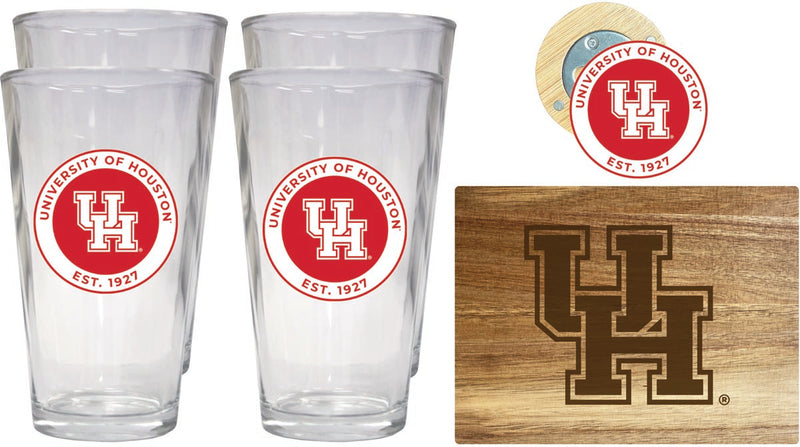 University of Houston Officially Licensed Kitchen Gift Pack - Engraved Wood Cutting Board, 4 Pint Glasses & Magnetic Bottle Opener