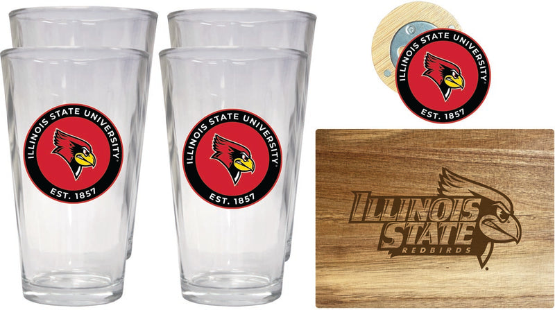 Illinois State Redbirds Officially Licensed Kitchen Gift Pack - Engraved Wood Cutting Board, 4 Pint Glasses & Magnetic Bottle Opener