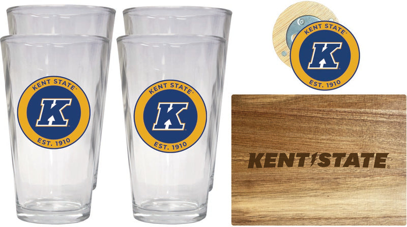 Kent State University Officially Licensed Kitchen Gift Pack - Engraved Wood Cutting Board, 4 Pint Glasses & Magnetic Bottle Opener