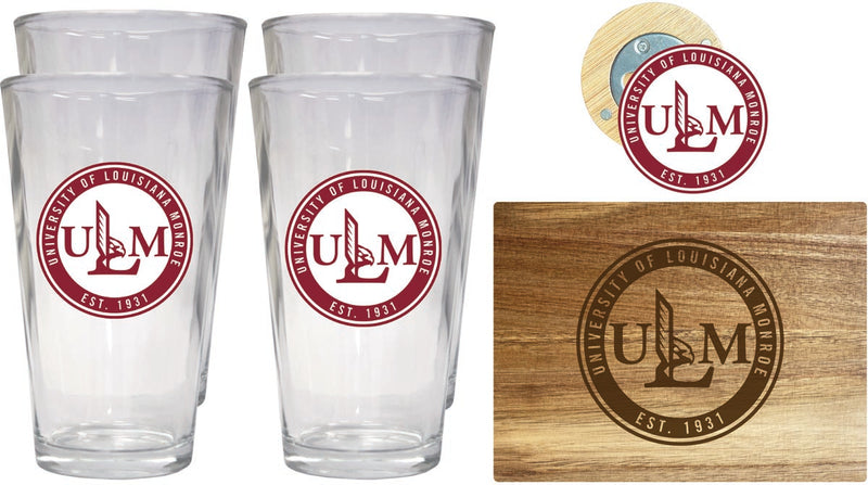 University of Louisiana Monroe Officially Licensed Kitchen Gift Pack - Engraved Wood Cutting Board, 4 Pint Glasses & Magnetic Bottle Opener