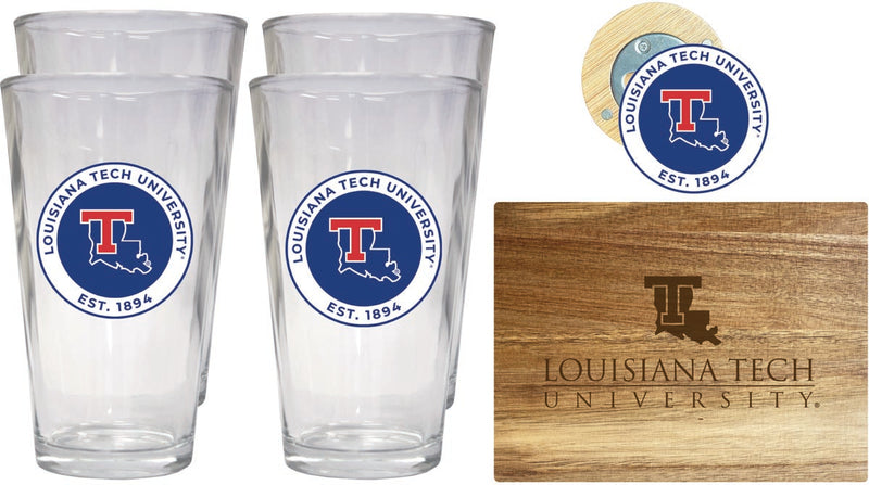 Louisiana Tech Bulldogs Officially Licensed Kitchen Gift Pack - Engraved Wood Cutting Board, 4 Pint Glasses & Magnetic Bottle Opener