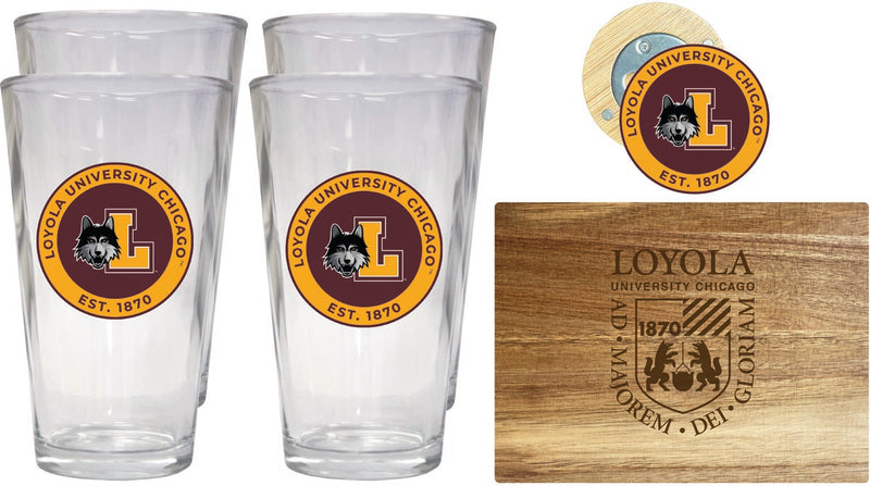 Loyola University Ramblers Officially Licensed Kitchen Gift Pack - Engraved Wood Cutting Board, 4 Pint Glasses & Magnetic Bottle Opener