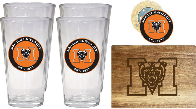 Mercer University Officially Licensed Kitchen Gift Pack - Engraved Wood Cutting Board, 4 Pint Glasses & Magnetic Bottle Opener