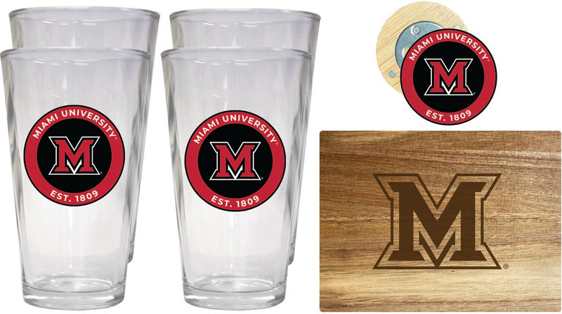 Miami University of Ohio Officially Licensed Kitchen Gift Pack - Engraved Wood Cutting Board, 4 Pint Glasses & Magnetic Bottle Opener