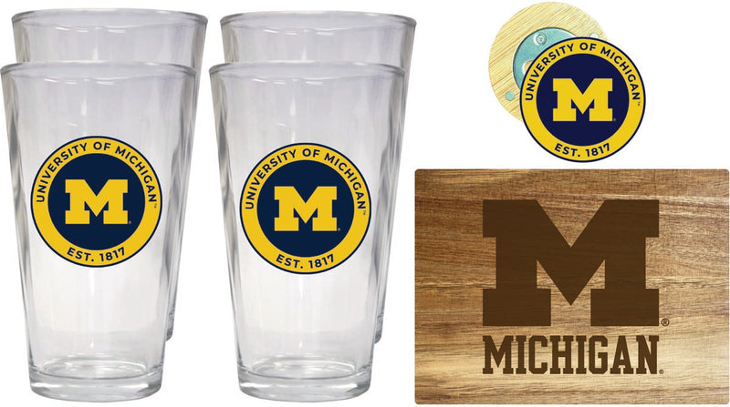 Michigan Wolverines Officially Licensed Kitchen Gift Pack - Engraved Wood Cutting Board, 4 Pint Glasses & Magnetic Bottle Opener