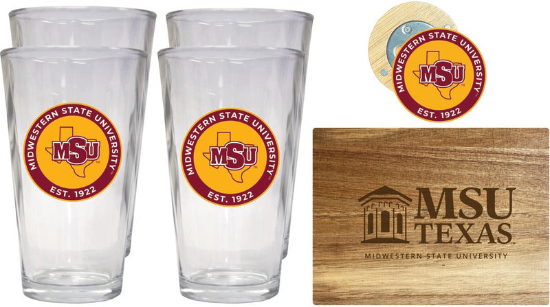 Midwestern State University Mustangs Officially Licensed Kitchen Gift Pack - Engraved Wood Cutting Board, 4 Pint Glasses & Magnetic Bottle Opener