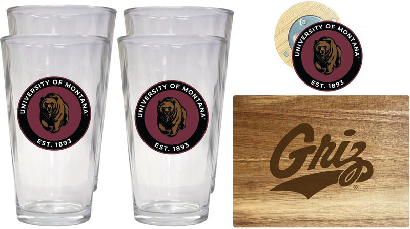 Montana University Officially Licensed Kitchen Gift Pack - Engraved Wood Cutting Board, 4 Pint Glasses & Magnetic Bottle Opener