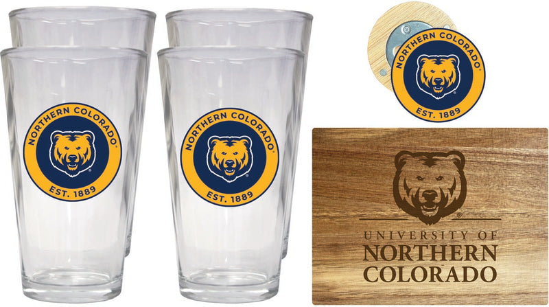 Northern Colorado Bears Officially Licensed Kitchen Gift Pack - Engraved Wood Cutting Board, 4 Pint Glasses & Magnetic Bottle Opener