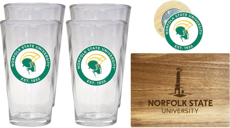Norfolk State University Officially Licensed Kitchen Gift Pack - Engraved Wood Cutting Board, 4 Pint Glasses & Magnetic Bottle Opener