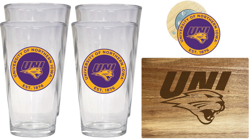 Northern Iowa Panthers Officially Licensed Kitchen Gift Pack - Engraved Wood Cutting Board, 4 Pint Glasses & Magnetic Bottle Opener