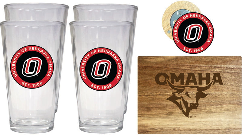 Nebraska at Omaha Officially Licensed Kitchen Gift Pack - Engraved Wood Cutting Board, 4 Pint Glasses & Magnetic Bottle Opener