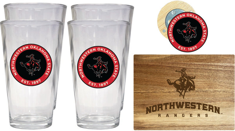 Northwestern Oklahoma State University Officially Licensed Kitchen Gift Pack - Engraved Wood Cutting Board, 4 Pint Glasses & Magnetic Bottle Opener