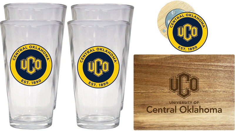 University of Central Oklahoma Bronchos Officially Licensed Kitchen Gift Pack - Engraved Wood Cutting Board, 4 Pint Glasses & Magnetic Bottle Opener