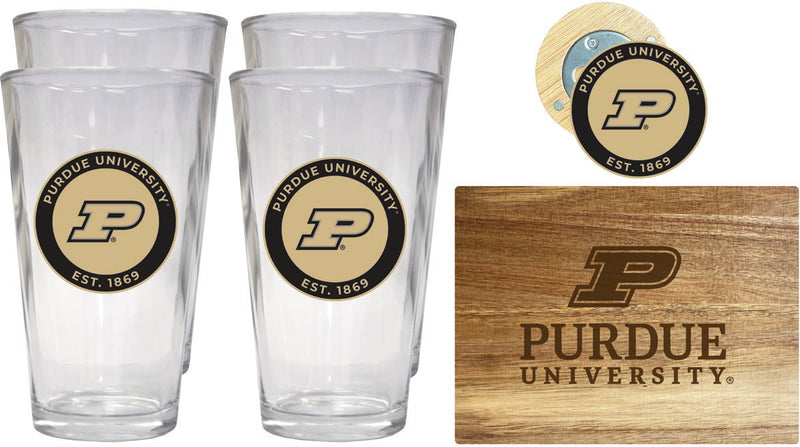 Purdue Boilermakers Officially Licensed Kitchen Gift Pack - Engraved Wood Cutting Board, 4 Pint Glasses & Magnetic Bottle Opener
