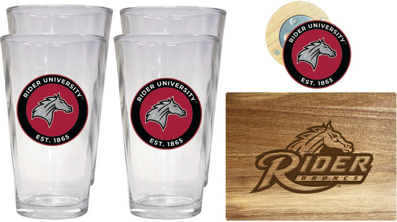 Rider University Broncs Officially Licensed Kitchen Gift Pack - Engraved Wood Cutting Board, 4 Pint Glasses & Magnetic Bottle Opener