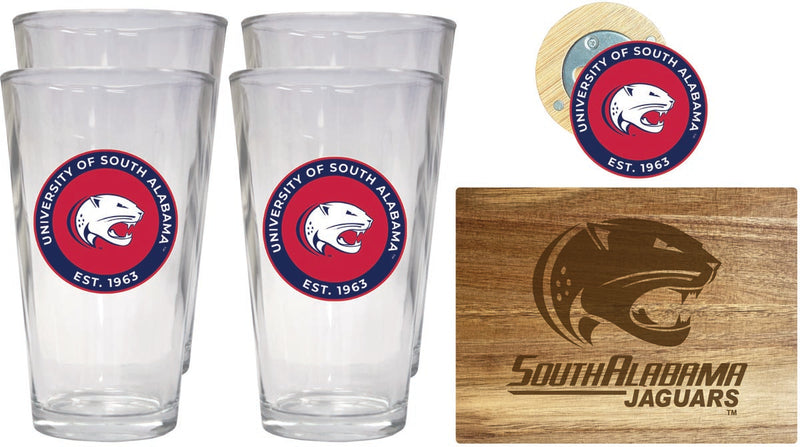 University of South Alabama Officially Licensed Kitchen Gift Pack - Engraved Wood Cutting Board, 4 Pint Glasses & Magnetic Bottle Opener