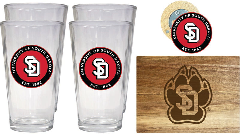 South Dakota Coyotes Officially Licensed Kitchen Gift Pack - Engraved Wood Cutting Board, 4 Pint Glasses & Magnetic Bottle Opener