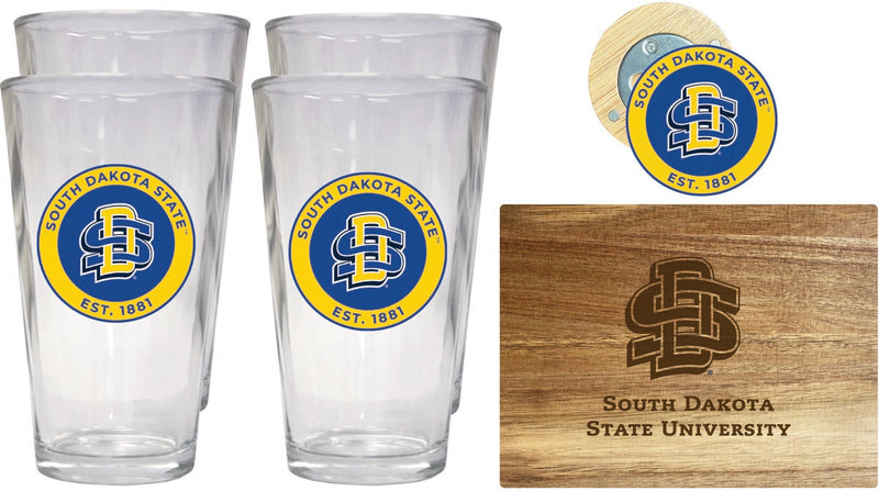 South Dakota State Jackrabbits Officially Licensed Kitchen Gift Pack - Engraved Wood Cutting Board, 4 Pint Glasses & Magnetic Bottle Opener