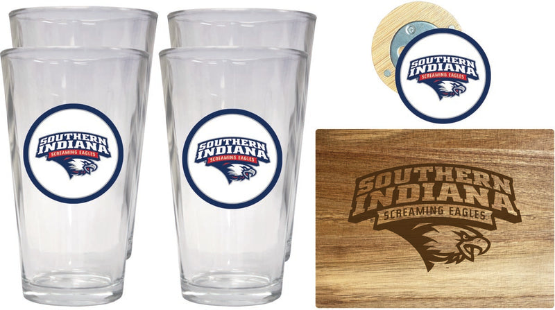 University of Southern Indiana Officially Licensed Kitchen Gift Pack - Engraved Wood Cutting Board, 4 Pint Glasses & Magnetic Bottle Opener