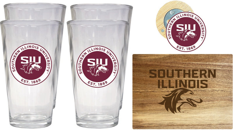 Southern Illinois Salukis Officially Licensed Kitchen Gift Pack - Engraved Wood Cutting Board, 4 Pint Glasses & Magnetic Bottle Opener