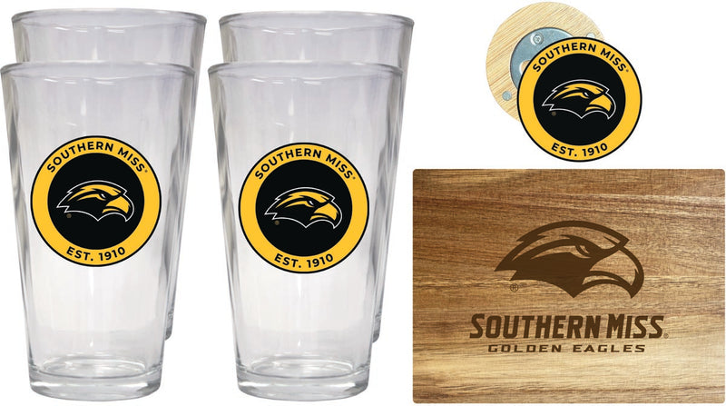 Southern Mississippi Golden Eagles Officially Licensed Kitchen Gift Pack - Engraved Wood Cutting Board, 4 Pint Glasses & Magnetic Bottle Opener