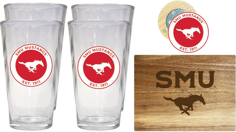 Southern Methodist University Officially Licensed Kitchen Gift Pack - Engraved Wood Cutting Board, 4 Pint Glasses & Magnetic Bottle Opener