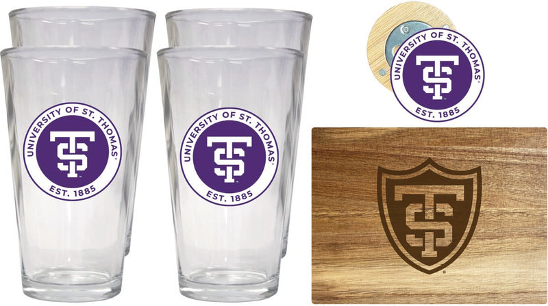 University of St. Thomas Officially Licensed Kitchen Gift Pack - Engraved Wood Cutting Board, 4 Pint Glasses & Magnetic Bottle Opener