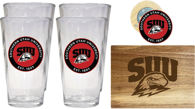 Southern Utah University Officially Licensed Kitchen Gift Pack - Engraved Wood Cutting Board, 4 Pint Glasses & Magnetic Bottle Opener