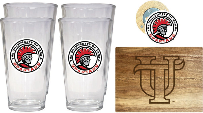 University of Tampa Spartans Officially Licensed Kitchen Gift Pack - Engraved Wood Cutting Board, 4 Pint Glasses & Magnetic Bottle Opener
