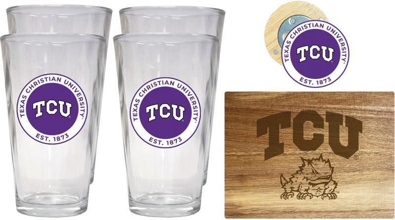 Texas Christian University Officially Licensed Kitchen Gift Pack - Engraved Wood Cutting Board, 4 Pint Glasses & Magnetic Bottle Opener