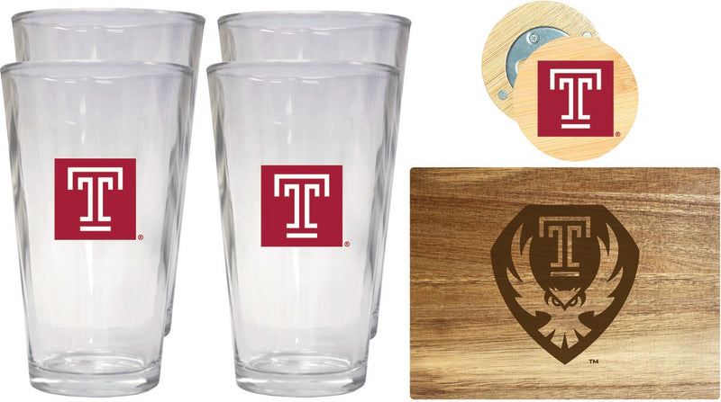 Temple University Officially Licensed Kitchen Gift Pack - Engraved Wood Cutting Board, 4 Pint Glasses & Magnetic Bottle Opener