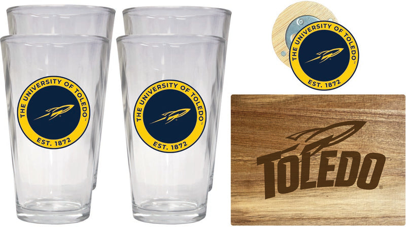 Toledo Rockets Officially Licensed Kitchen Gift Pack - Engraved Wood Cutting Board, 4 Pint Glasses & Magnetic Bottle Opener