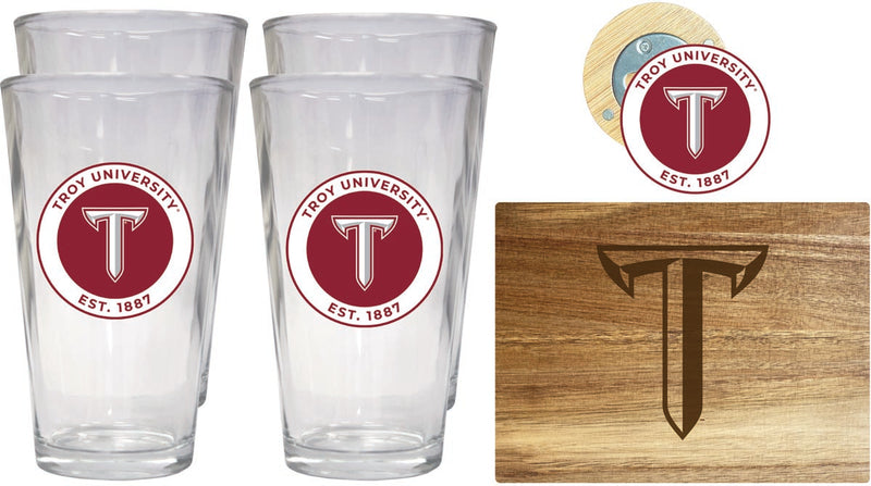 Troy University Officially Licensed Kitchen Gift Pack - Engraved Wood Cutting Board, 4 Pint Glasses & Magnetic Bottle Opener