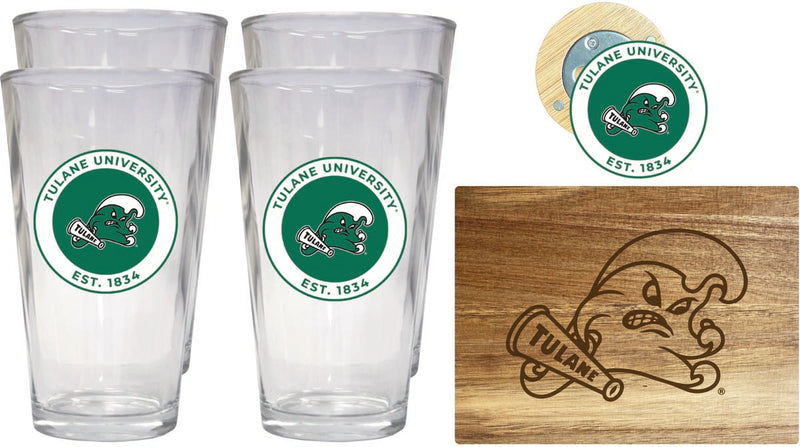 Tulane University Green Wave Officially Licensed Kitchen Gift Pack - Engraved Wood Cutting Board, 4 Pint Glasses & Magnetic Bottle Opener
