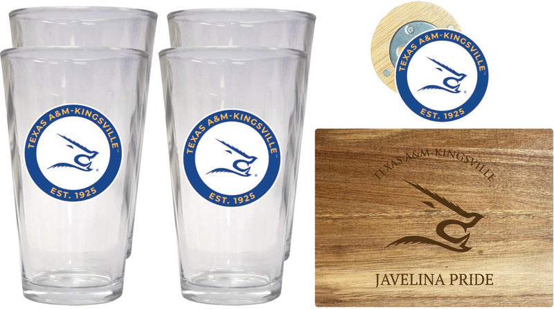 Texas A&M Kingsville Javelinas Officially Licensed Kitchen Gift Pack - Engraved Wood Cutting Board, 4 Pint Glasses & Magnetic Bottle Opener