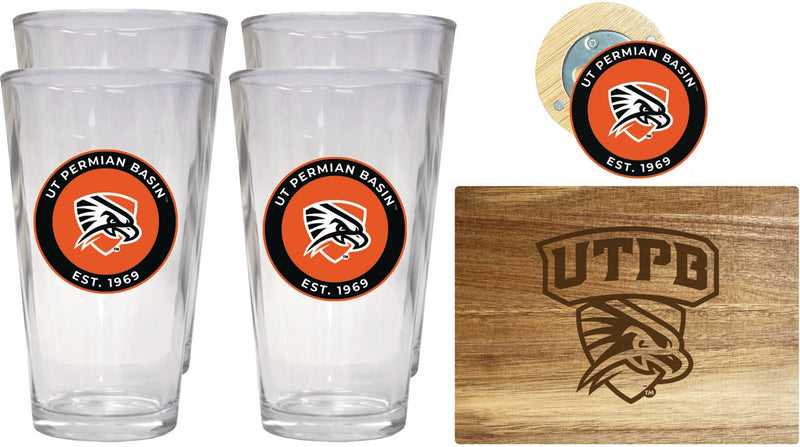 University of Texas of the Permian Basin Officially Licensed Kitchen Gift Pack - Engraved Wood Cutting Board, 4 Pint Glasses & Magnetic Bottle Opener