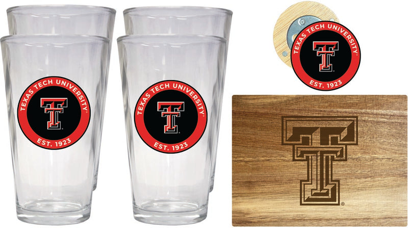 Texas Tech Red Raiders Officially Licensed Kitchen Gift Pack - Engraved Wood Cutting Board, 4 Pint Glasses & Magnetic Bottle Opener