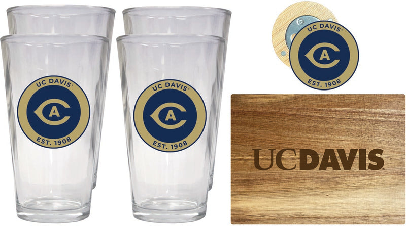 UC Davis Aggies Officially Licensed Kitchen Gift Pack - Engraved Wood Cutting Board, 4 Pint Glasses & Magnetic Bottle Opener