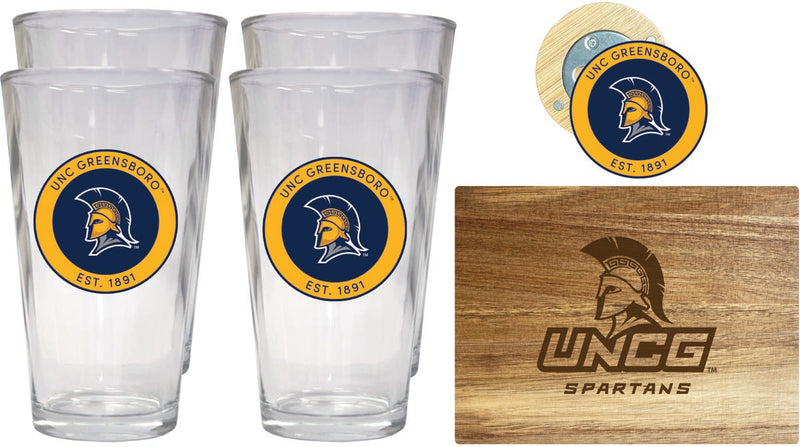 North Carolina Greensboro Spartans Officially Licensed Kitchen Gift Pack - Engraved Wood Cutting Board, 4 Pint Glasses & Magnetic Bottle Opener