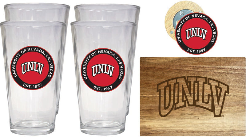 UNLV Rebels Officially Licensed Kitchen Gift Pack - Engraved Wood Cutting Board, 4 Pint Glasses & Magnetic Bottle Opener