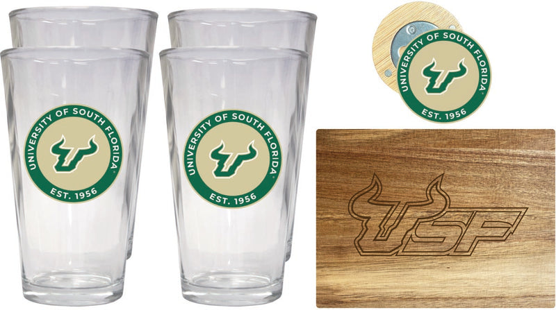 South Florida Bulls Officially Licensed Kitchen Gift Pack - Engraved Wood Cutting Board, 4 Pint Glasses & Magnetic Bottle Opener