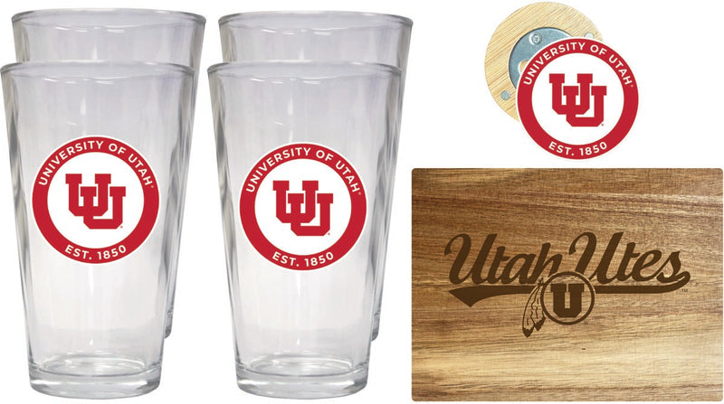 Utah Utes Officially Licensed Kitchen Gift Pack - Engraved Wood Cutting Board, 4 Pint Glasses & Magnetic Bottle Opener