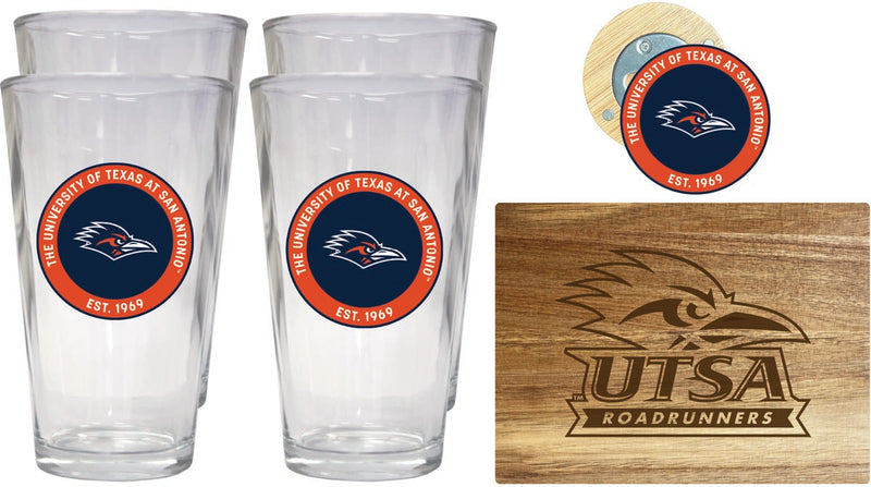 UTSA Road Runners Officially Licensed Kitchen Gift Pack - Engraved Wood Cutting Board, 4 Pint Glasses & Magnetic Bottle Opener
