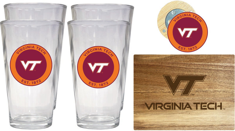 Virginia Tech Hokies Officially Licensed Kitchen Gift Pack - Engraved Wood Cutting Board, 4 Pint Glasses & Magnetic Bottle Opener