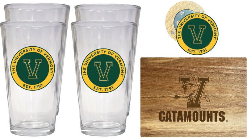 Vermont Catamounts Officially Licensed Kitchen Gift Pack - Engraved Wood Cutting Board, 4 Pint Glasses & Magnetic Bottle Opener