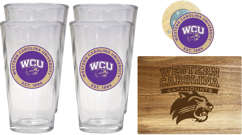 Western Carolina University Officially Licensed Kitchen Gift Pack - Engraved Wood Cutting Board, 4 Pint Glasses & Magnetic Bottle Opener